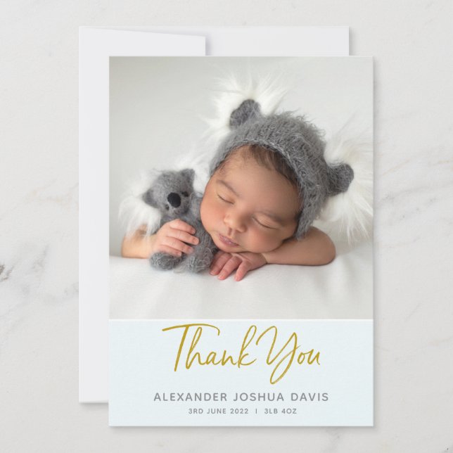 Baby Blue Pastellbaby danke card mit Foto Einladung (Vorderseite)