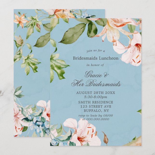 Baby Blue Pink Lily Bridesmaids Luncheon Invites (Vorne/Hinten)