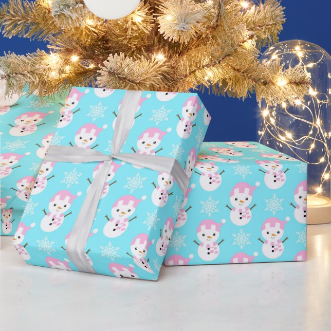 Baby Blue, Pink & White Christmas Snowman Geschenkpapier (Feiertage)