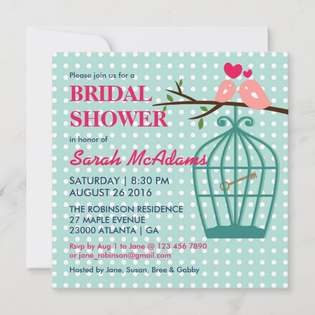 Baby Blue Polka Dots Birdcage Lovebirds Einladung (Vorderseite)