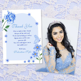 Baby Blue Quinceañera Rose und Schmetterlinge Foto Dankeskarte