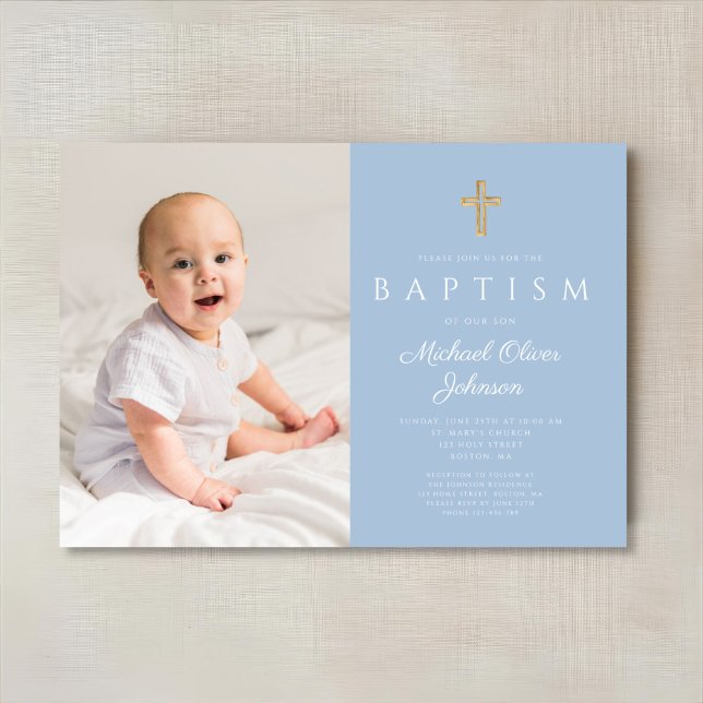 Baby Blue Religious Cross Boy Foto Taufe Einladung (Baby Blue Religious Cross Boy Photo Baptism Invitation)
