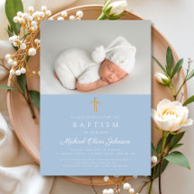 Baby Blue Religious Cross Boy Foto Taufe