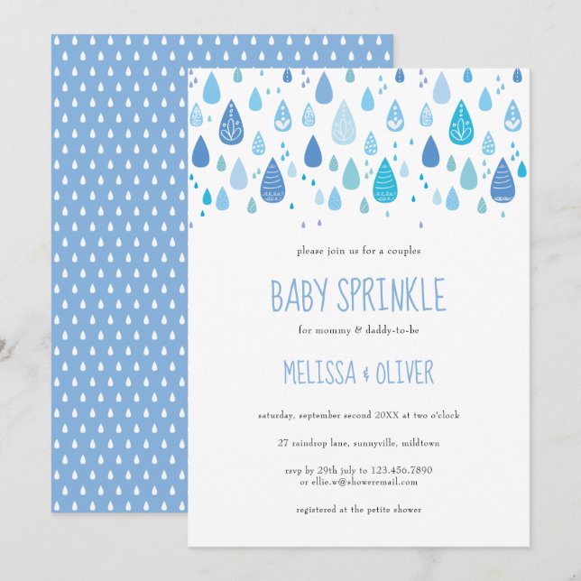 Baby Blue Rindrops Paare Baby Sprinkle Einladung (Vorne/Hinten)