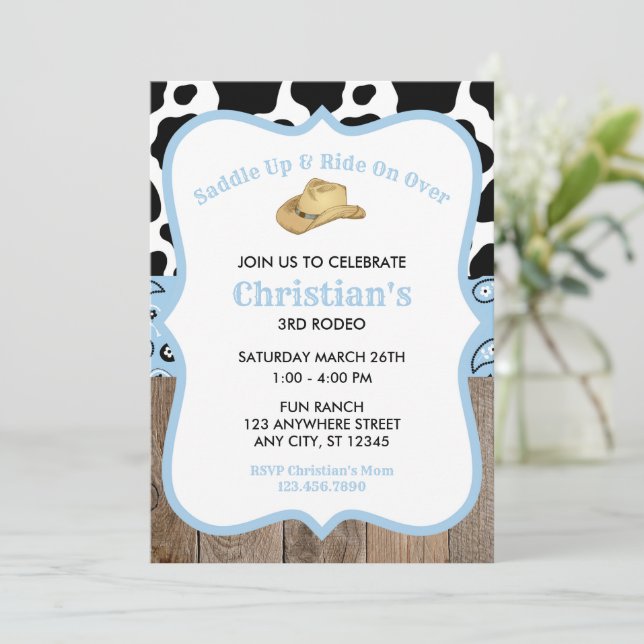 Baby Blue Rodeo Wild West Cowboy Birthday Einladung (Stehend Vorderseite)