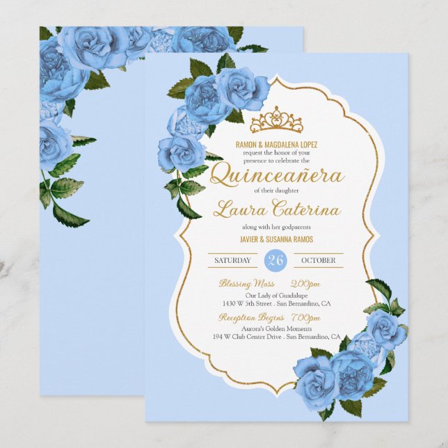 Baby Blue Rose Weiß und Gold Elegante Quinceanera Einladung (Vorne/Hinten)