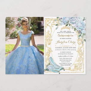 Baby Blue Roses Cinderella Quinceañera Foto Einladung