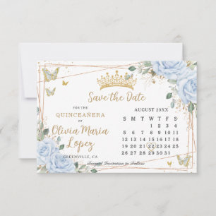 Baby Blue Roses Floral Gold Quinceañera-Kalender Save The Date