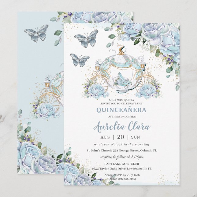 Baby Blue Roses Princess Cinderella Quinceañera Einladung (Vorne/Hinten)