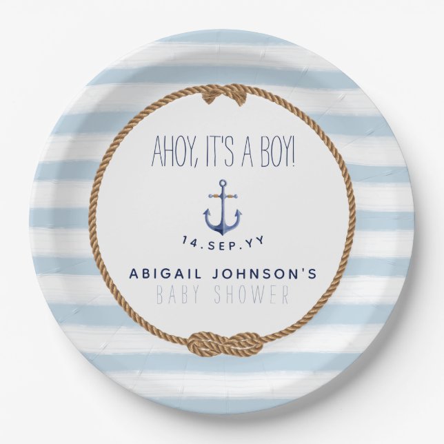 Baby Blue Rustic Nautical Ahoy Boy Baby Dusche Pappteller (Vorderseite)