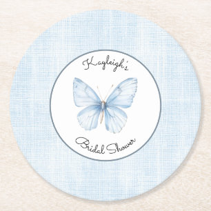 Baby Blue Schmetterling Faux Leinen Junggesellinne Runder Pappuntersetzer