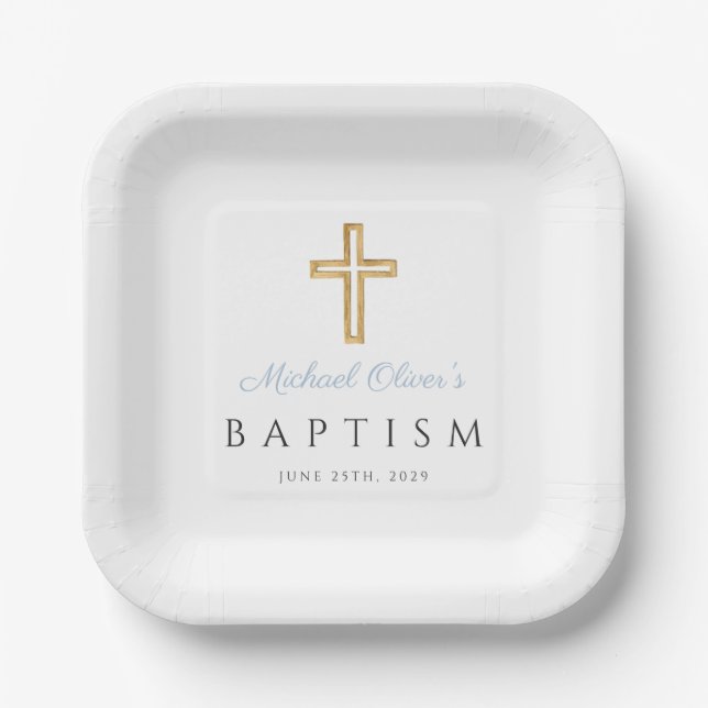 Baby Blue Script Religious Cross Boy Baptism Pappteller (Vorderseite)