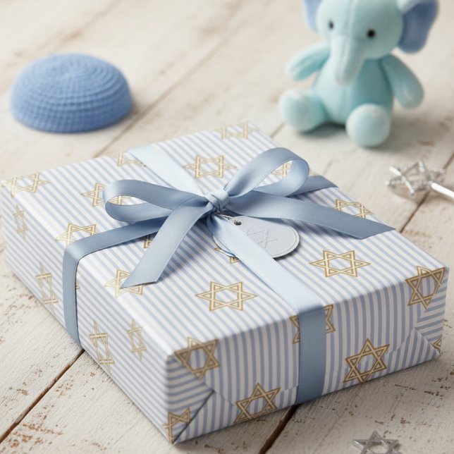Baby Blue Shalom Zachor Jewish Geschenkpapier (Jewish Star of David Baby Boy Wrapping Paper for Bris & Baby Naming Ceremony, Mazel Tov & Hanukkah)