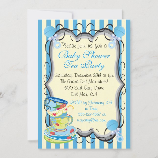 Baby Blue Shower Victorian Tea Party Invitation (Devant)