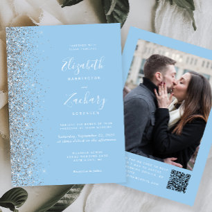 Baby Blue Silber Glitter Foto QR Code Hochzeit Einladung