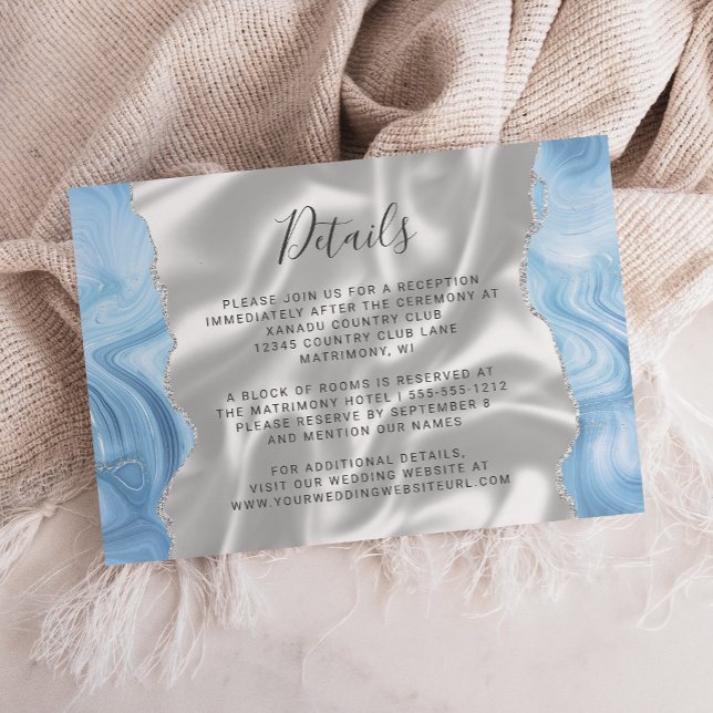 Baby Blue Silver Agate White Silk Wedding Details Begleitkarte (Von Creator hochgeladen)