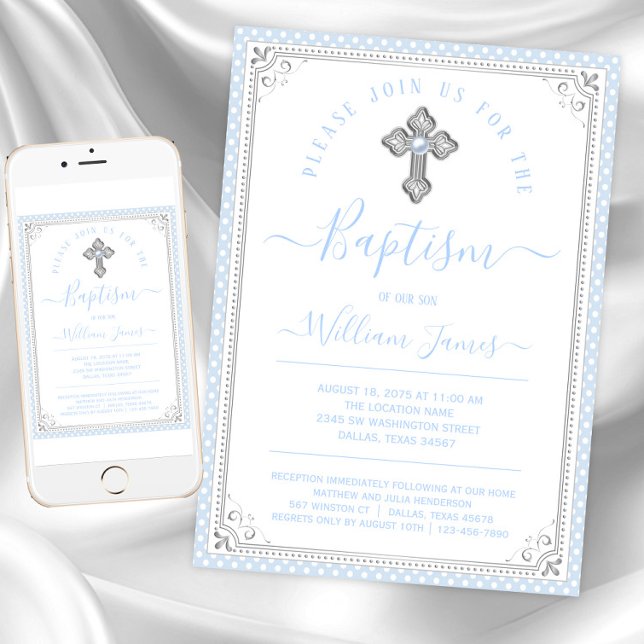 Baby Blue Silver Boy Baptisse Einladung (Baby blue silver baptism invitations. Instant download and printed invitations available.)