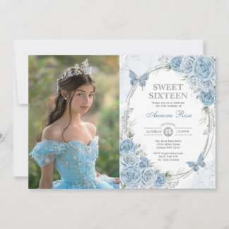 Baby Blue Silver Butterfly Sweet 16 Geburtstag Fot Einladung
