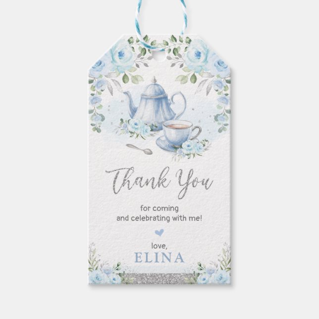 Baby Blue Silver Floral Garden Tee Party Geschenkanhänger (Vorderseite)