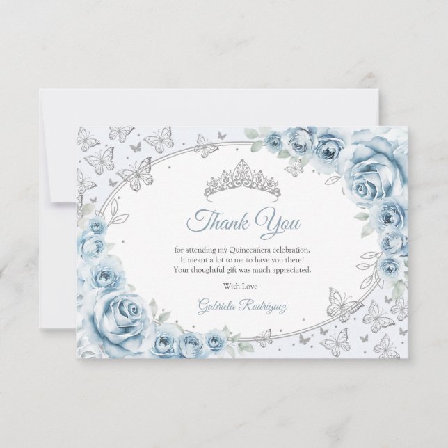 Baby Blue Silver Floral Quinceanera Dankeskarte (Vorderseite)