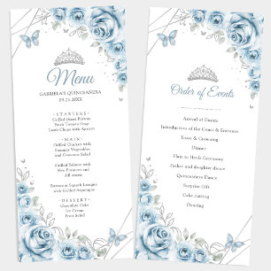 Baby Blue Silver Floral Quinceanera Programmmenü Menükarte