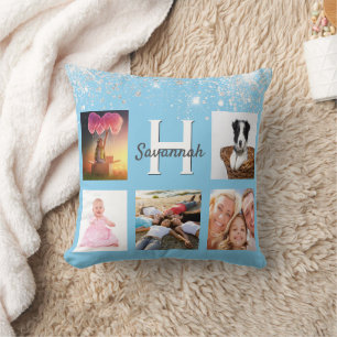 Baby Blue Silver Glitzer Foto Collage Name Kissen