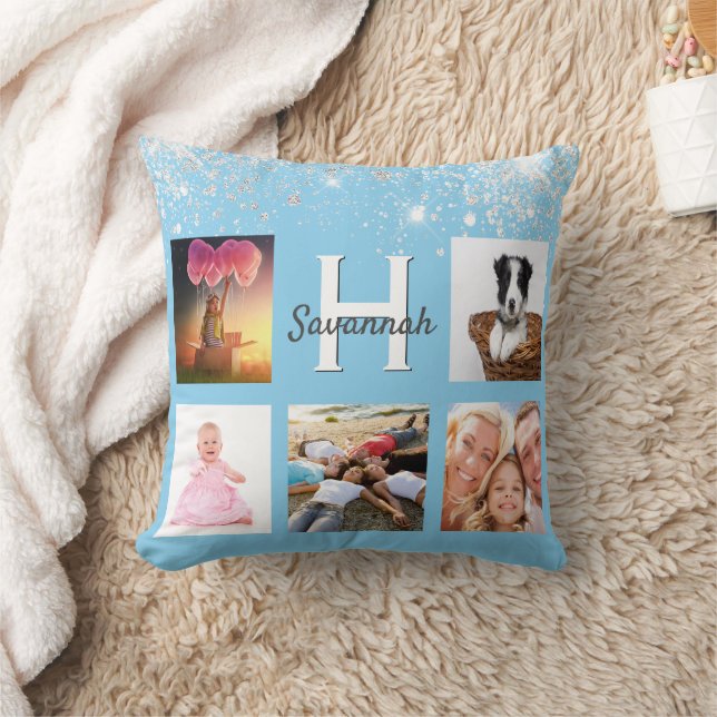 Baby Blue Silver Glitzer Foto Collage Name Kissen (Decke)