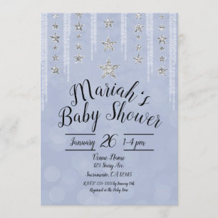 Baby Blue & Silver Glitzer Stars Kinderdusche Einladung