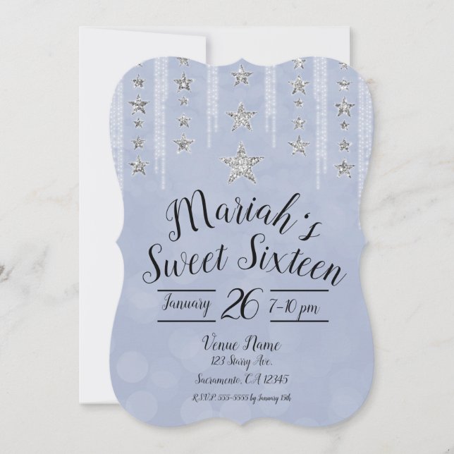 Baby Blue & Silver Glitzer Stars Sweet 16 Party Einladung (Vorderseite)