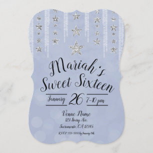 Baby Blue & Silver Glitzer Stars Sweet 16 Party Einladung