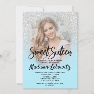 Baby Blue & Silver Glitzer Sweet 16 Foto Einladung