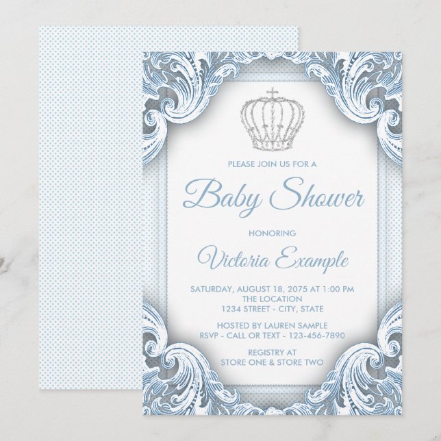 Baby Blue Silver Prince Baby Dusche Einladungen (Vorne/Hinten)