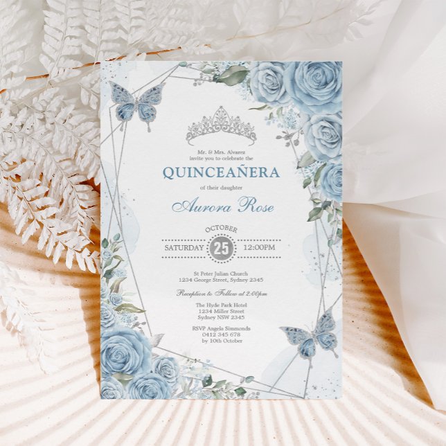 Baby Blue Silver Quinceañera Butterfly Geometric Einladung (Von Creator hochgeladen)