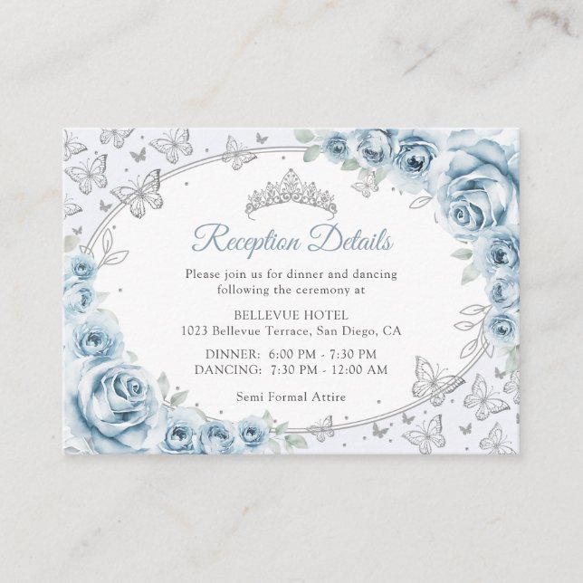 Baby Blue Silver Quinceanera Reception Details Begleitkarte (Vorderseite)