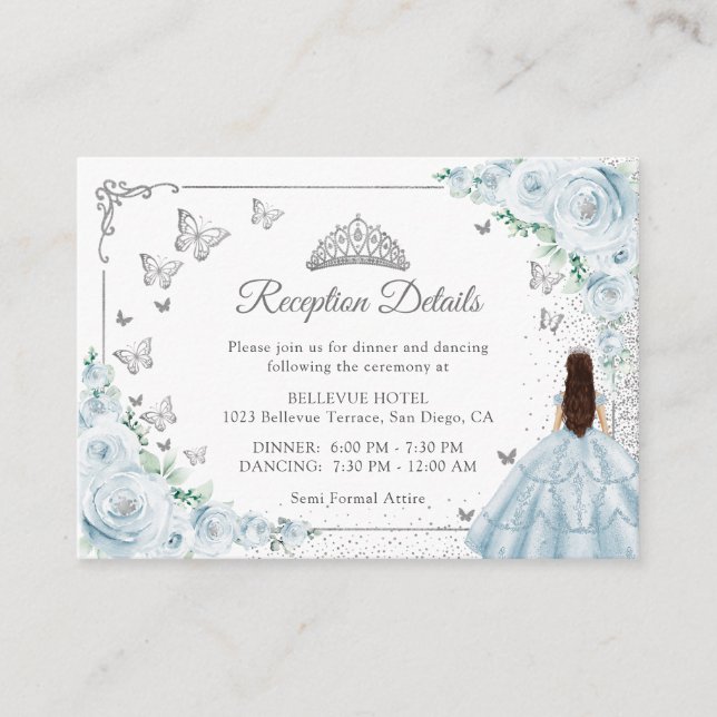Baby Blue Silver Quincenarea Reception Details Begleitkarte (Vorderseite)