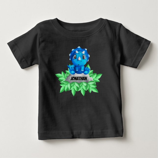 Baby Blue Triceratops Dinosaur Black Baby T-Shirt (Devant)