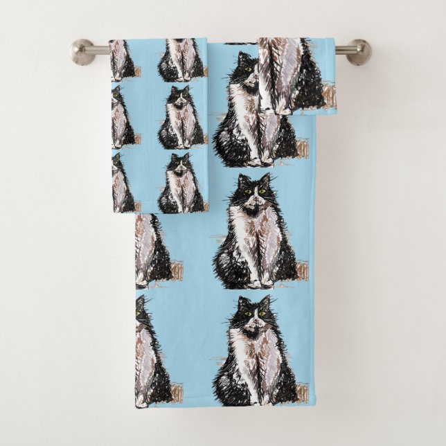 Baby Blue Tuxedo Black Cat Cats Handtuch Set (Insitu)