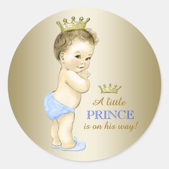 Baby Blue und Gold Prince Baby Dusche Runder Aufkleber (Vorderseite)