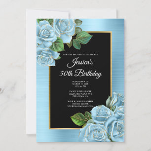 Baby Blue und Gold Rose Glam 50. Geburtstag Einladung