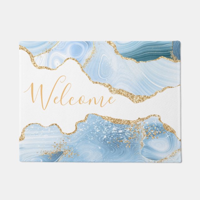Baby Blue und Imitate Gold Glitzer Marble Agate Fußmatte (Vorderseite)