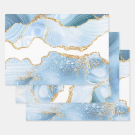 Baby Blue und Imitate Gold Glitzer Marble Agate Geschenkpapier Set