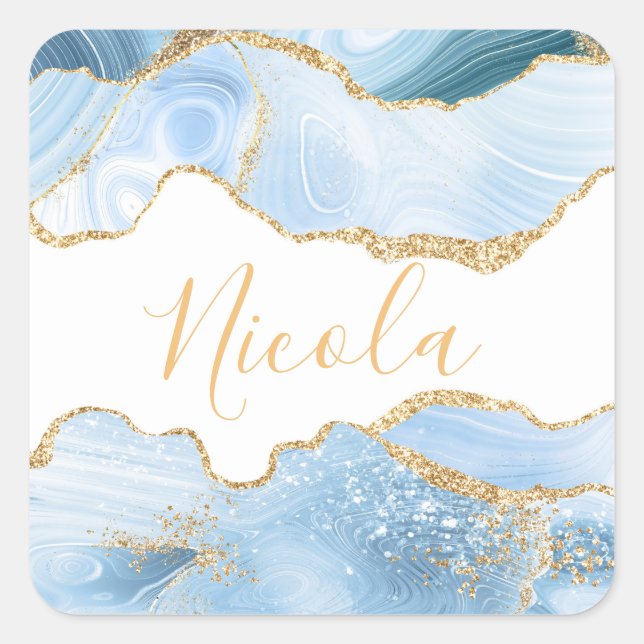 Baby Blue und Imitate Gold Glitzer Marble Agate Quadratischer Aufkleber (Vorderseite)