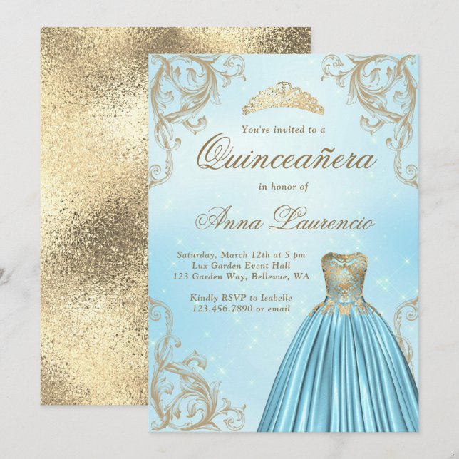 Baby Blue und Light Gold Quinceanera Einladung (Vorne/Hinten)