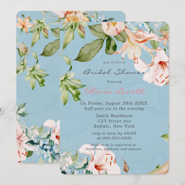 Baby Blue und Pink Aquarell Lily Brautparty Einladung (Vorne/Hinten)