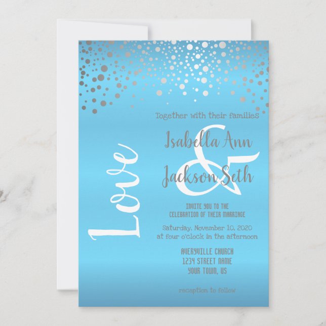 Baby Blue und Silver Confetti Dots Einladung (Vorderseite)