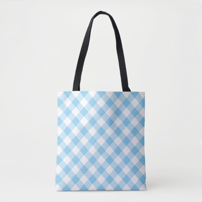 Baby Blue und White Large Diagonal Gingham Karos Tasche (Vorderseite)