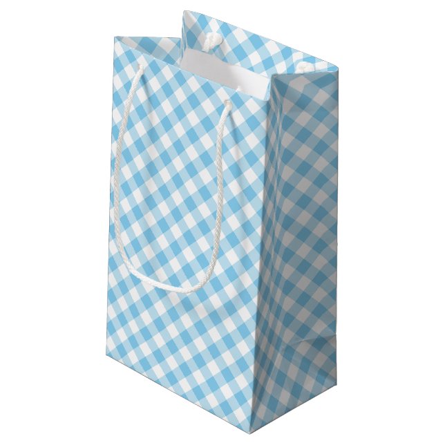 Baby Blue und White Medium Diagonal Gingham Karos Kleine Geschenktüte (Rückseite Schrägansicht)