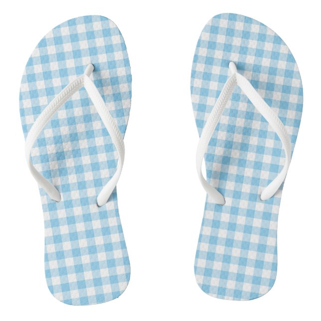 Baby Blue und White Medium Size Gingham Karo Flip Flops (Fußbett)