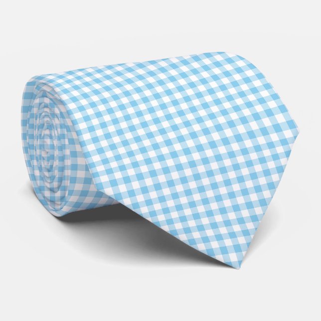 Baby Blue und White Medium Size Gingham Karo Krawatte (Gerollt)