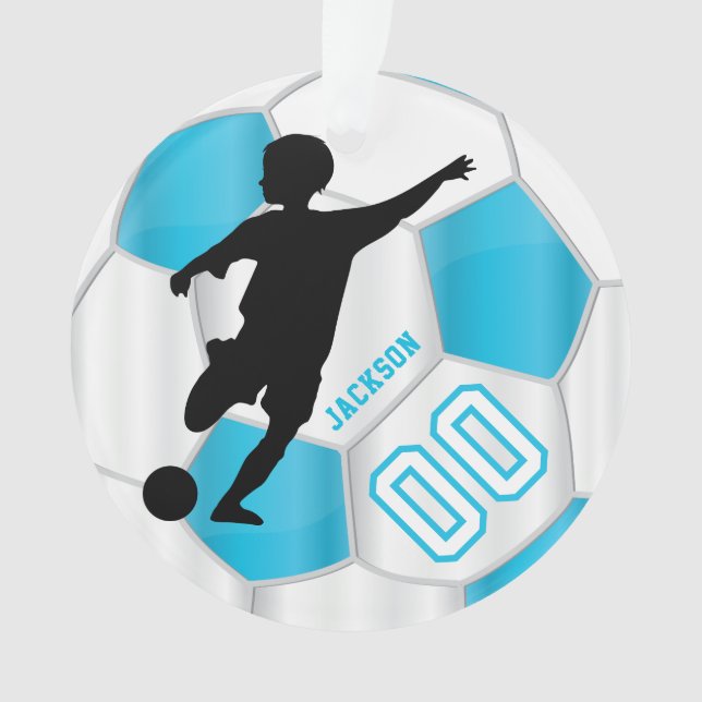 Baby Blue und White Personalize Boy Soccer Player Ornament (Vorderseite)